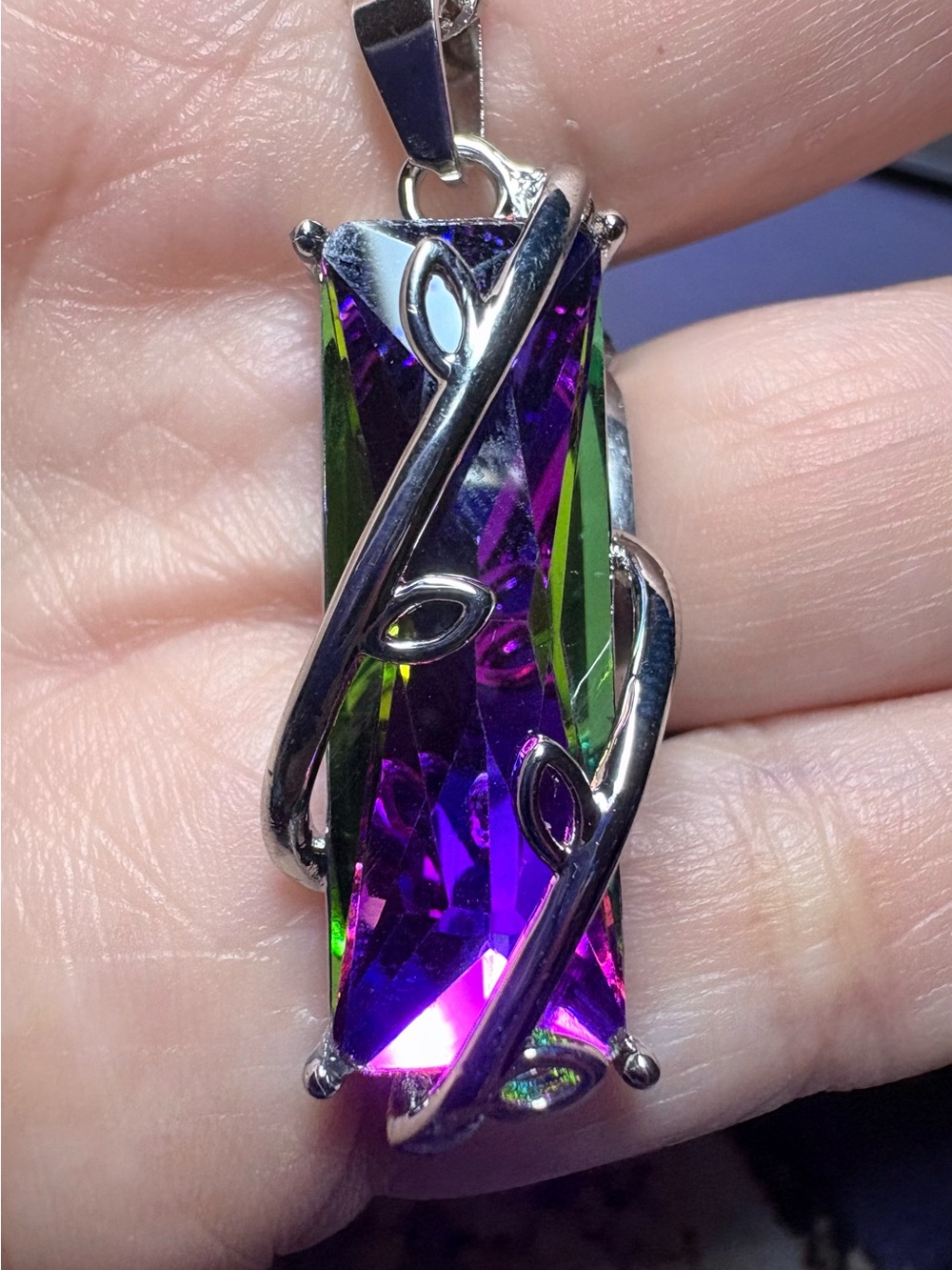 Vibrant Purple & Green Watermelon Crystal Swirl Silver Necklace NWOT